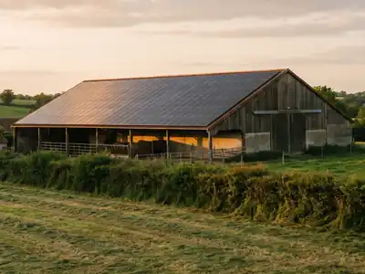 Hangar agricole couvert de panneaux solaires, à la campagne en fin de journée